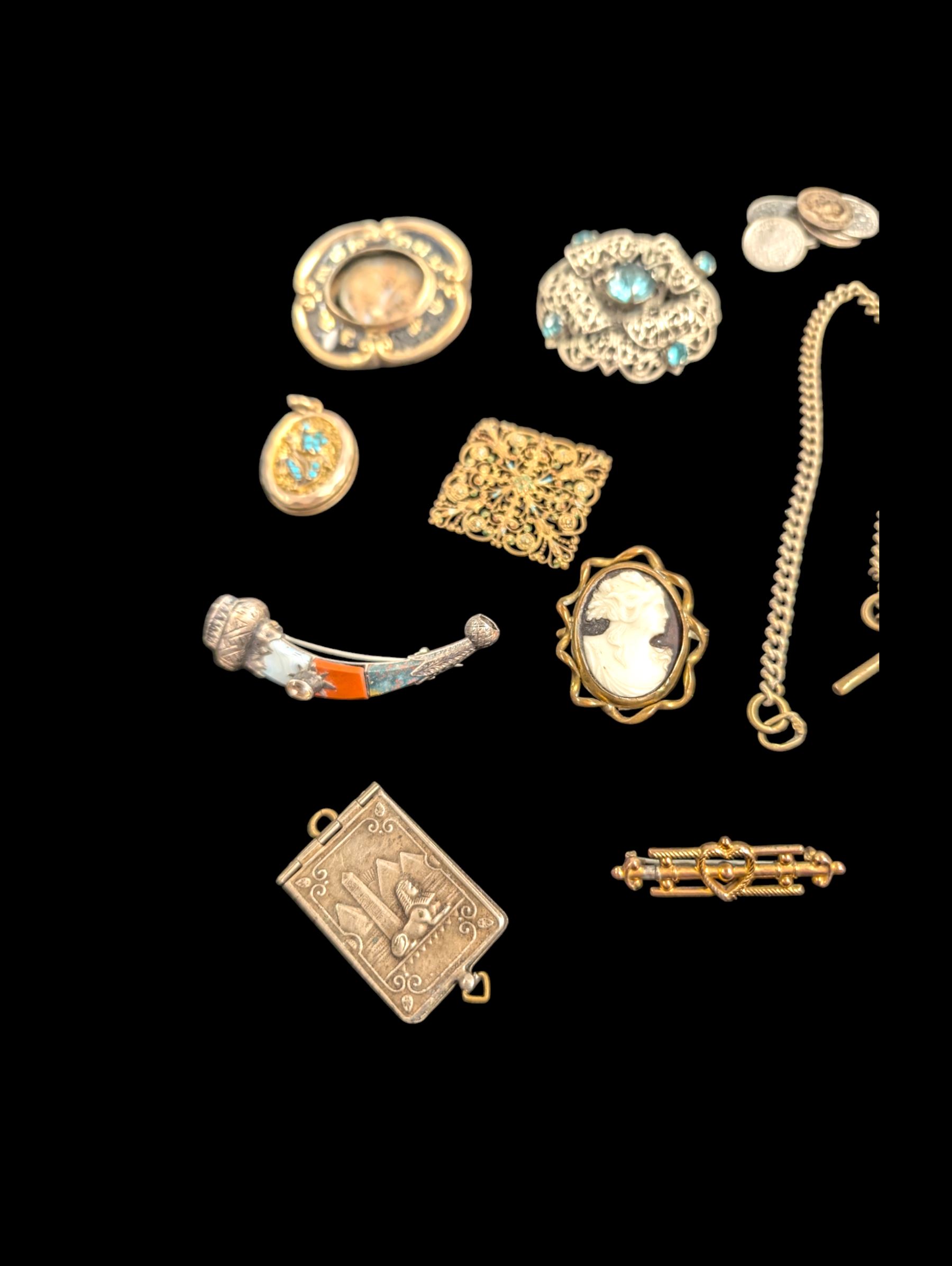 9ct gold brooch, silver brooches including hardstone set dirk brooch, silver chain links and a collection of Victorian and later costume jewellery including hairwork brooch and locket