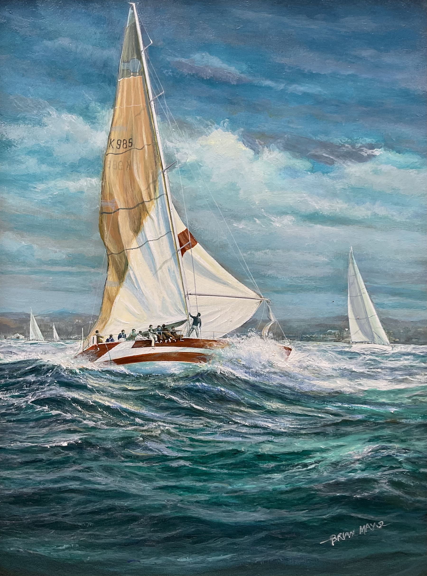 Brian Mays (British 1938-2005): 'Marionette IX at the Point of Losing her Mast - Cowes Week 1986', oil on board signed, titled verso 39cm x 29cm 
Provenance: direct from the family of the artist.