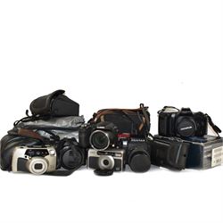 Collection of digital and compact digital cameras, including Panasonic DMC-FX150, Panasonic DMC-LZ20, Konica C35, Pentax P30, etc 