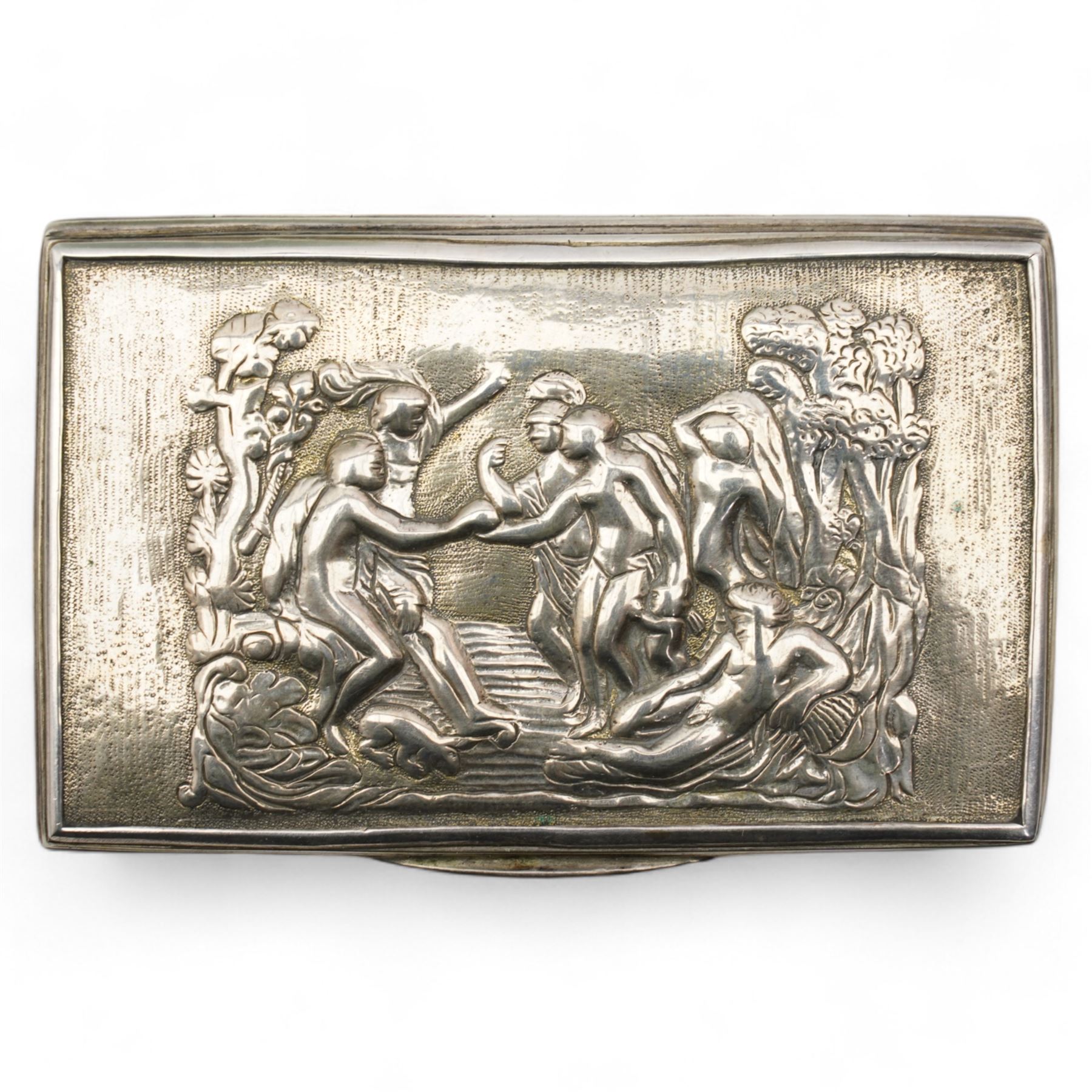 18th/ 19th century Swedish rectangular silver snuff box, the hinged cover embossed with classical figures, gilded interior and with date letter possibly for 1782 W9cm 