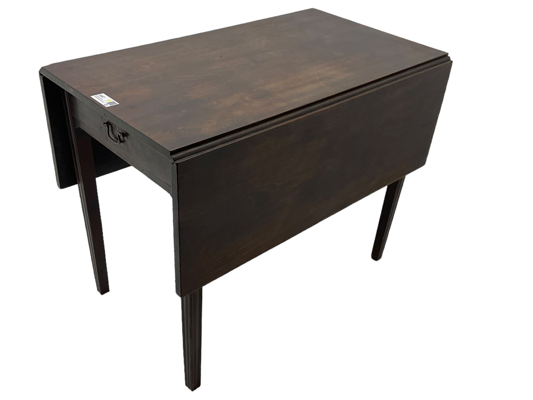 George III mahogany Pembroke table, drop-leaf rectangular top over single drawer, on square tapering moulded supports