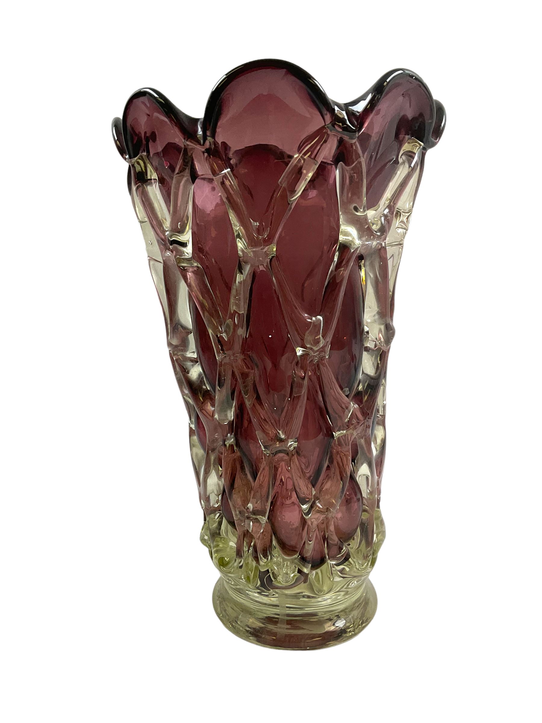 Large 20th century Italian hand blown amethyst glass vase, possibly Murano, with lattice effect overlay, H33.5cm