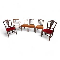 Set of three Edwardian mahogany dining chairs, fluted cresting rail over shaped and pierced vertical slats with foliate carved capitals, upholstered in mustard fabric, on square tapering supports (H89cm, W53cm); Edwardian satinwood inlaid mahogany open armchair, interlacing oval back over shaped arms, on square tapering supports with spade feet (W56cm, H91cm); 20th century pair of Hepplewhite Revival mahogany dining chairs (W52cm, H97cm) (6)