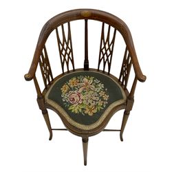 Edwardian inlaid mahogany corner chair, tapestry seat