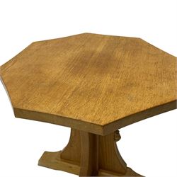 Mouseman - oak occasional table, octagonal adzed top, cruciform pedestal on sledge feet, carved with mouse signature, by the workshop of Robert Thompson, Kilburn 