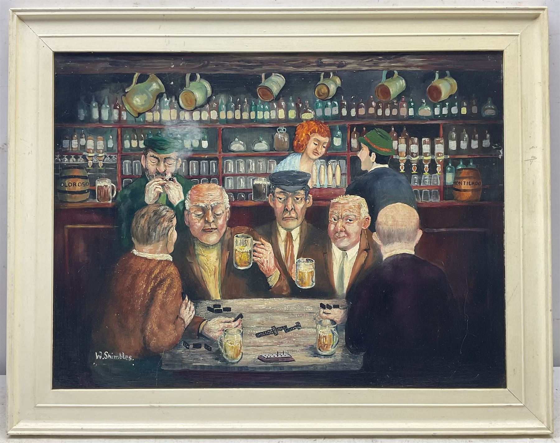 Walter E Shimbles (British 20th century): 'The Four Hand at Dominoes' - In the Pub, oil on board signed, titled on label verso with artist's Bradford address 37cm x 50cm; 'Artist and Model', oil on board signed, titled on partial label verso 40cm x 50cm; 'The Disputed Wager', oil on board signed, titled on label verso 50cm x 39cm (3)