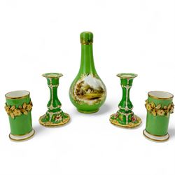 19th century bottle vase and associated cover, the body hand painted with a view of Inveraray Castle, against a green ground, H24cm, pair of green ground spill vases, with floral encrusted banding, H10cm, together with a pair of green ground candlesticks, probably Coalport (5)