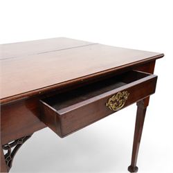 George III mahogany table, fixed square top with moulded edge, fitted with single cock-beaded drawer, pierced corner brackets, on square tapering supports with spade feet 