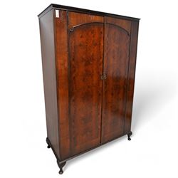 Mid-20th century figured walnut double wardrobe (W126cm, H189cm, D56cm); matching dressing table (W110cm, H153cm); with chair and stool