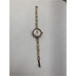 Early 20th century keyless fob watch, white enamelled dial with Roman numerals and subsidiary seconds dial, outer case stamped 14K, 9ct gold cased Rite-Tyme mechanical wristwatch, on a gilt stainless steel bracelet, a ladies 9ct gold cased mechanical movement wristwatch, with blue enameled case, on a rolled gold bracelet strap, ladies 9ct gold mechanical movement wristwatch on an expanding bracelet strap stamped 9ct and another 9ct gold cased mechanical movement wristwatch, together ladies Rotary 9ct gold cased mechanical wristwatch and ladies Bulova rolled gold mechanical wristwatch (lacking straps)