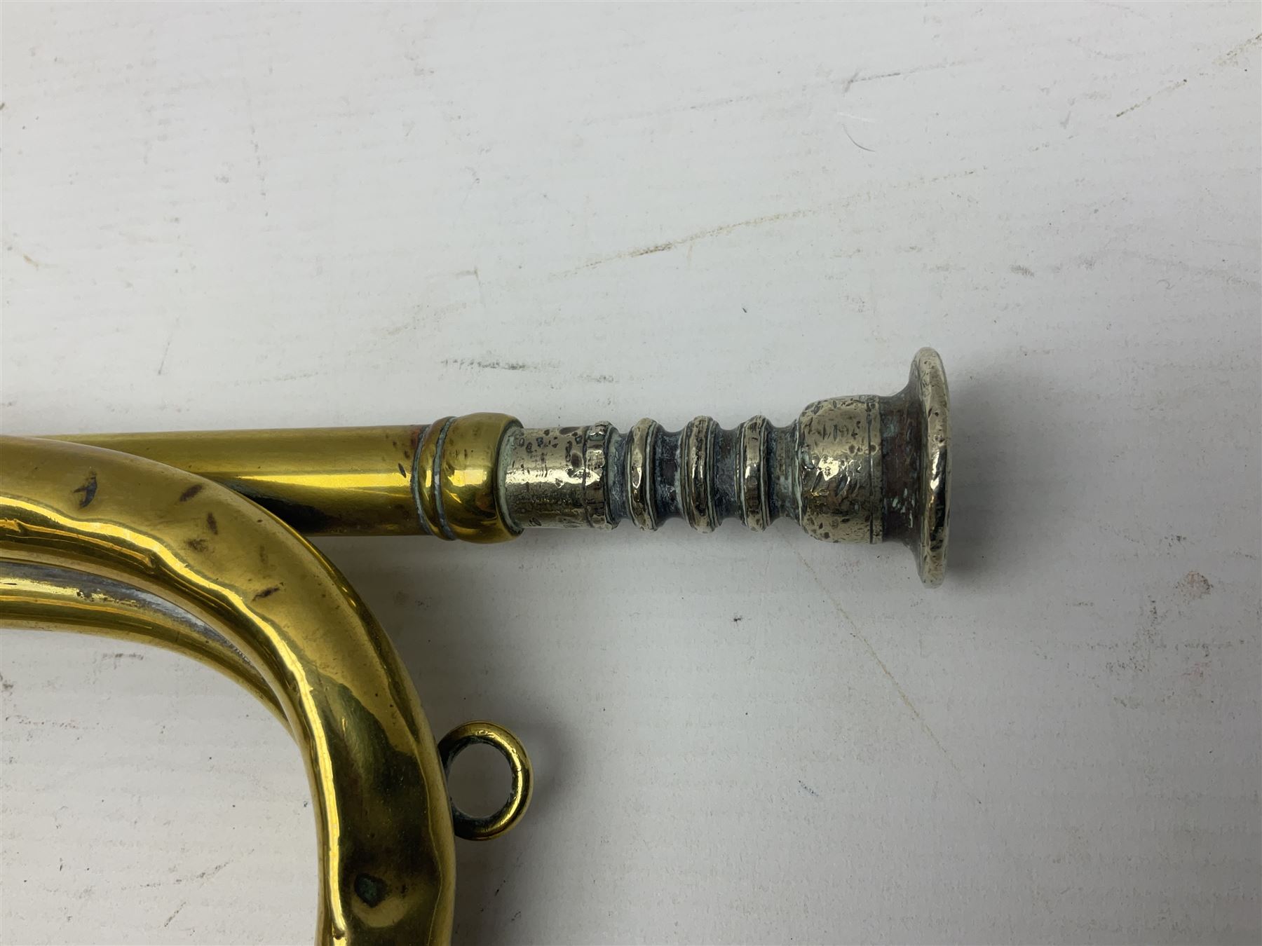 WWI Boosey & Co. brass military bugle, stamped 1916, together with Death of the Duke of Wellington, 1852, white metal medal by Allen & Moore, bugle L43cm