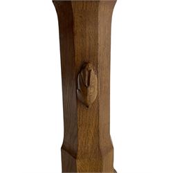 Rabbitman - oak dining table, rectangular adzed top, twin octagonal pillar supports on sledge feet, united by floor stretcher, carved with rabbit signature, by Peter Heap of Wetwang 