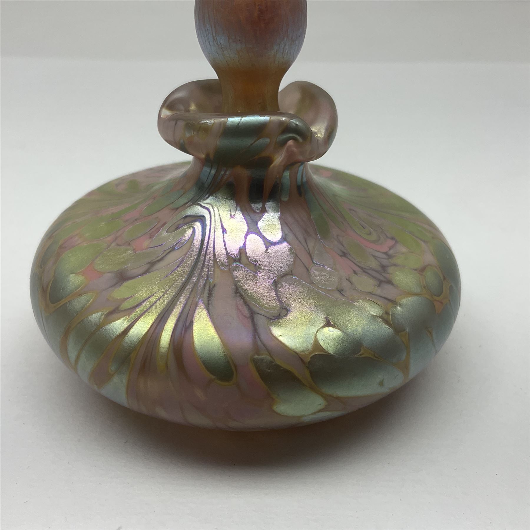 Okra scent bottle Gold Tranquility, together with another of squat from decorated with iridescent threads of gold and pink, both with original box, largest H20cm