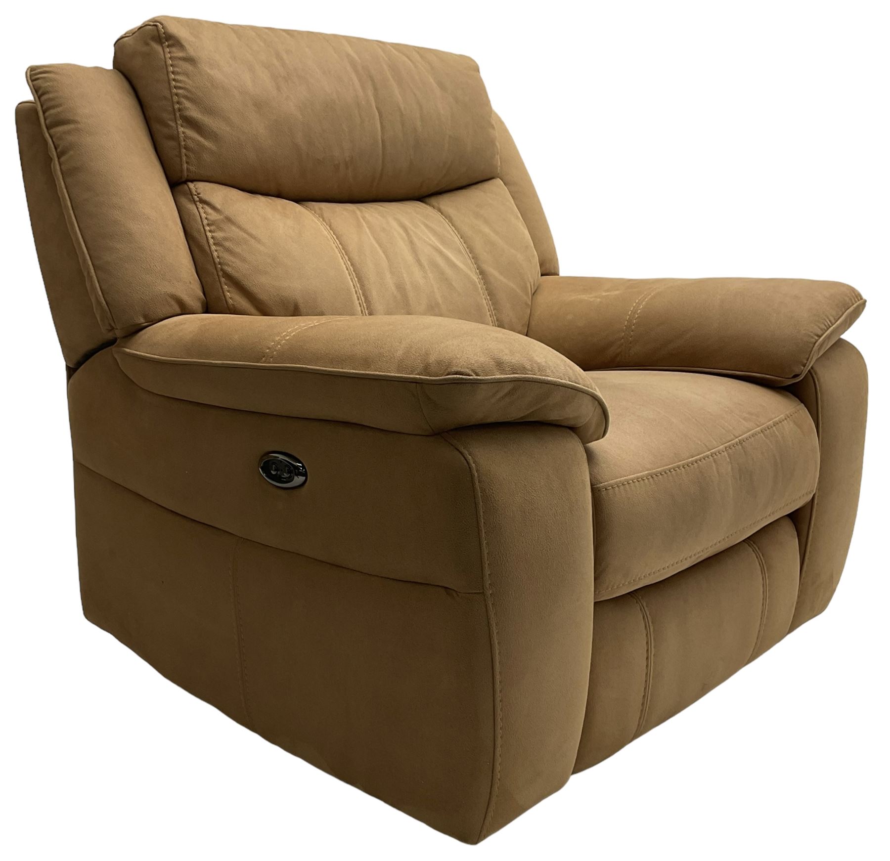 Electric reclining three-seat sofa (W213cm, H100cm) and matching armchair (W109cm) upholstered in brown fabric