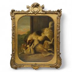 After George Morland (British 1763-1804): 'Fighting Dogs', 19th century oil on canvas unsigned 51cm x 41cm, in ornate cartouche moulded gilt frame, overall 73cm x 56cm