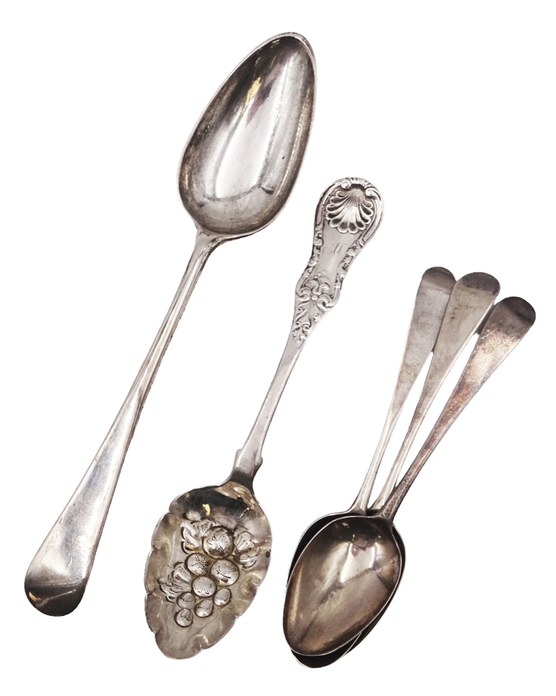 William IV Scottish silver thread and shell pattern spoon with later berry struck bowl, hallmarked William Russell II, Glasgow 1836, together with a George III silver Old English pattern dessert spoon, hallmarked William Davie, Edinburgh 1785 and a set of three Hester Bateman teaspoons with bottom struck hallmarks 