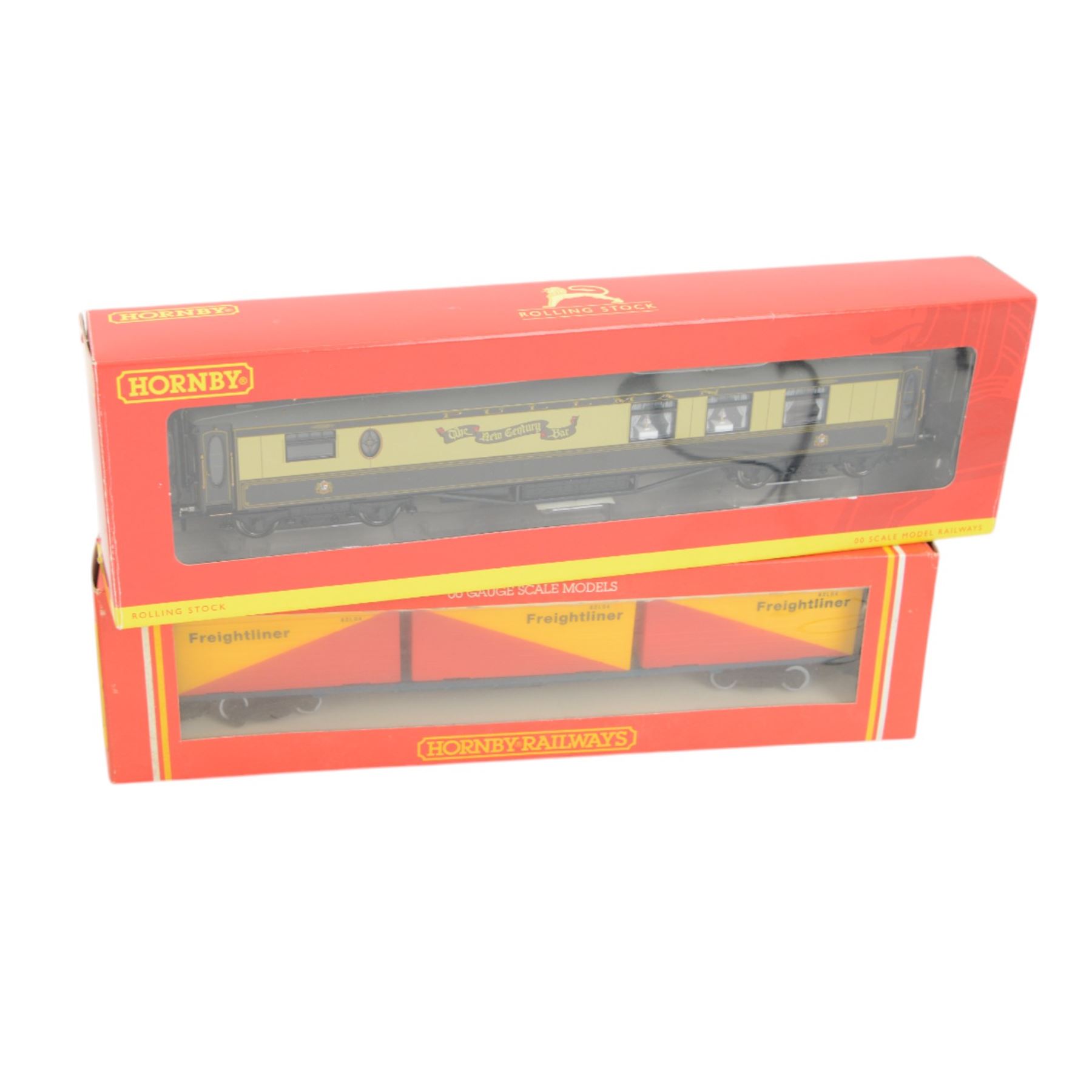 Hornby '00' rolling stock, including R4418 Pullman Bar Car 'The New Century Bar', R6225B 2 Axle Box Open Wagon Coalfish 3 Weathered, four Weathered EWS Seacow examples, etc, all boxed