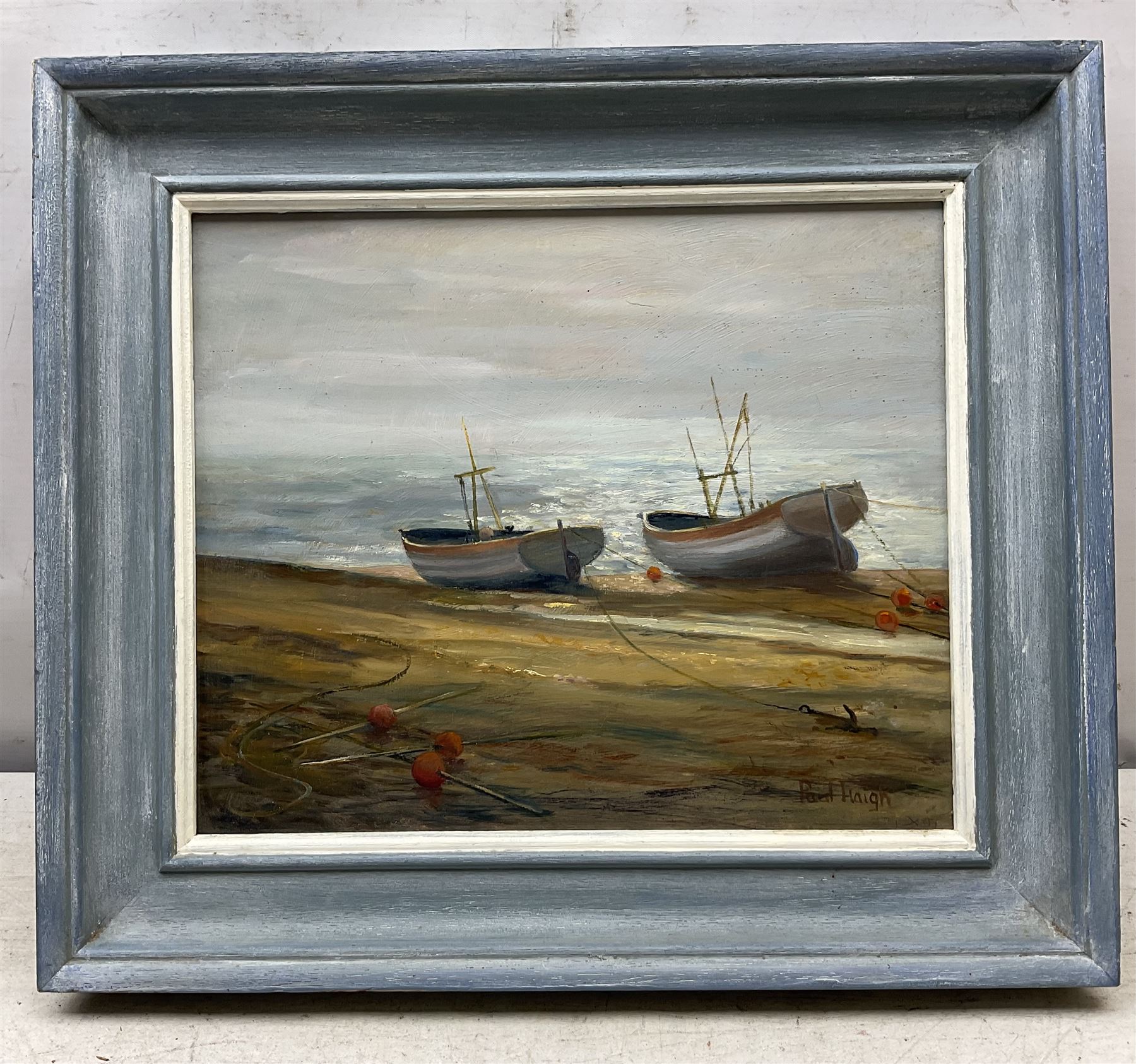 Paul Haigh (British 20th Century): 'Beached Fishing Boats at Aldeburgh' and 'The Lake at Elkington', two oils on board signed, titled verso max 29cm x 39cm (2)