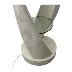 Composite stone display stand, circular twist form, fitted with three glass shelves