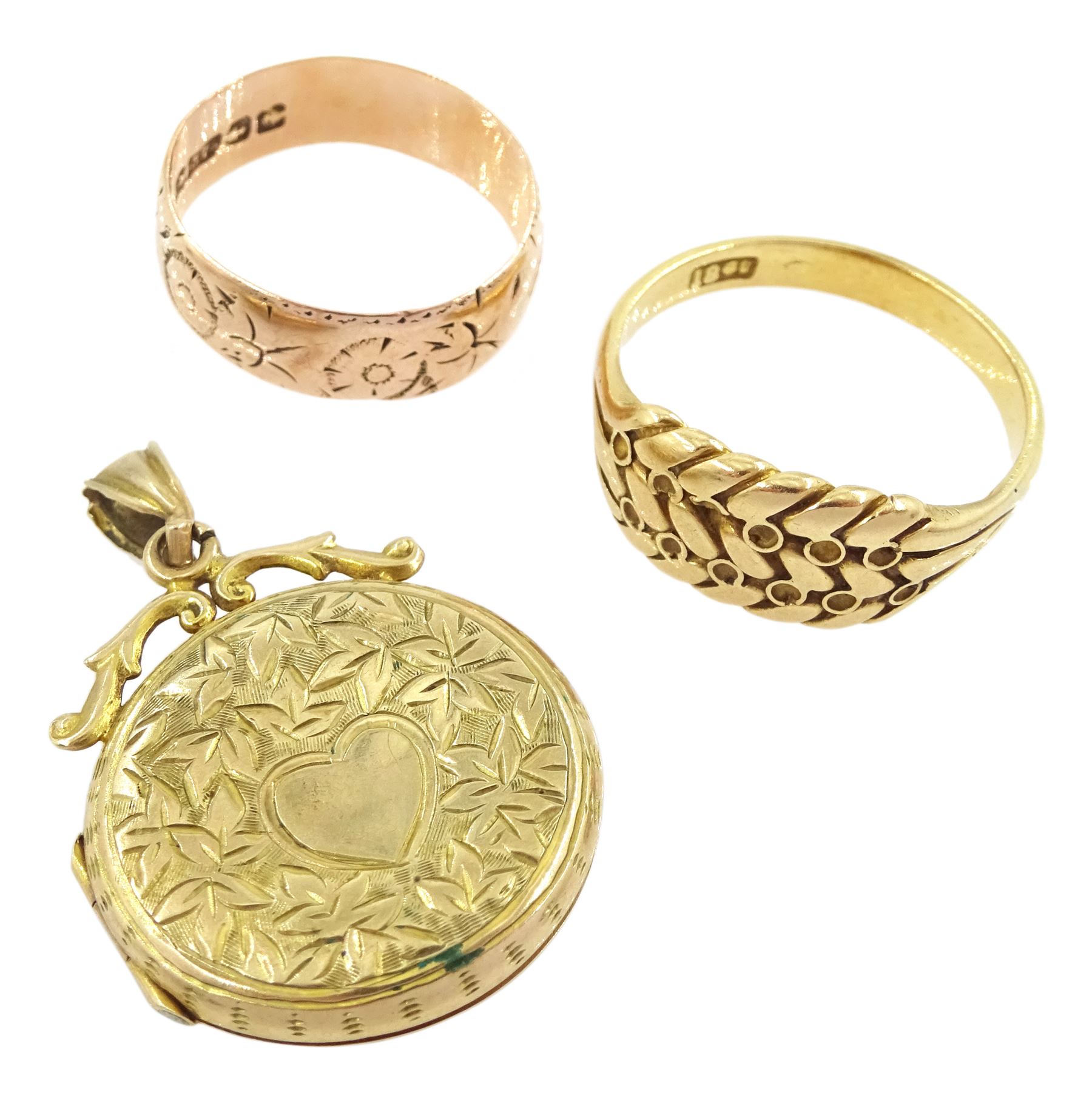 Gold keepers ring, stamped 18ct, rose gold band, with floral decoration and a later gold locket pendant