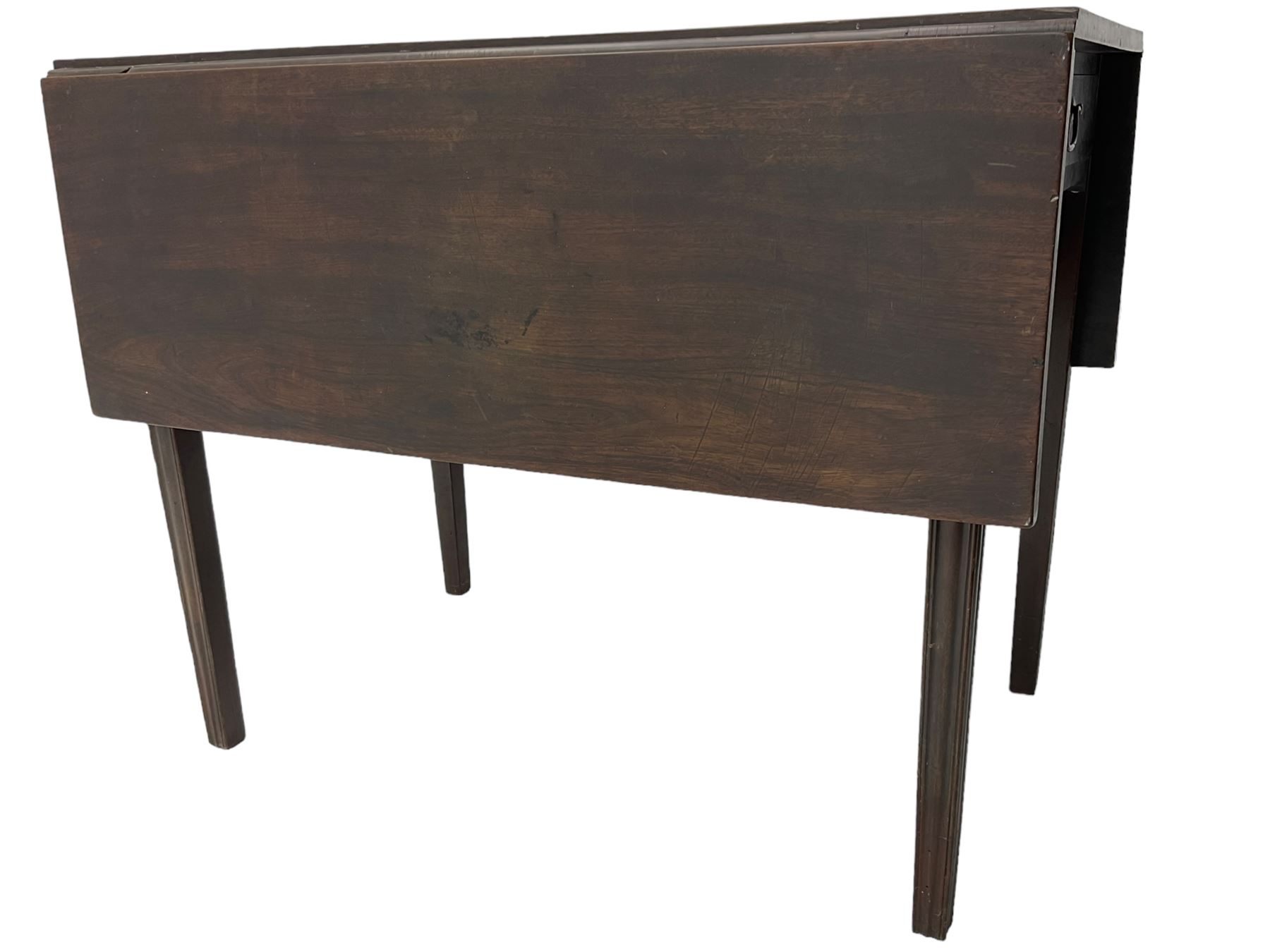 George III mahogany Pembroke table, drop-leaf rectangular top over single drawer, on square tapering moulded supports