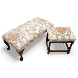 Early 20th century bergere lounge suite - two-seat sofa (W140cm, H80cm, D72cm); and pair of armchairs (W64cm); together with footstool, upholstered in floral fabric