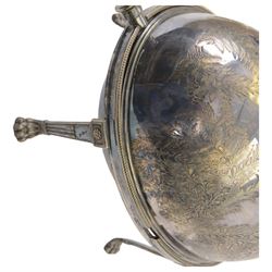 Walker and Hall turnover dish, engraved throughout with foliate decoration, with ivorine handle and upon four paw feet, together with a pair of silver plated candelabra and a pair of silver plated candlesticks, tallest H20cm