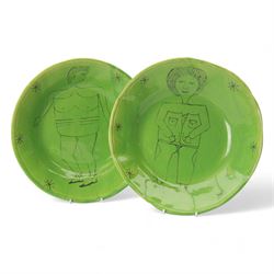 Hylton Nel (1941-); Two bowls, 1995, the green ground decorated internally with a figure, ...