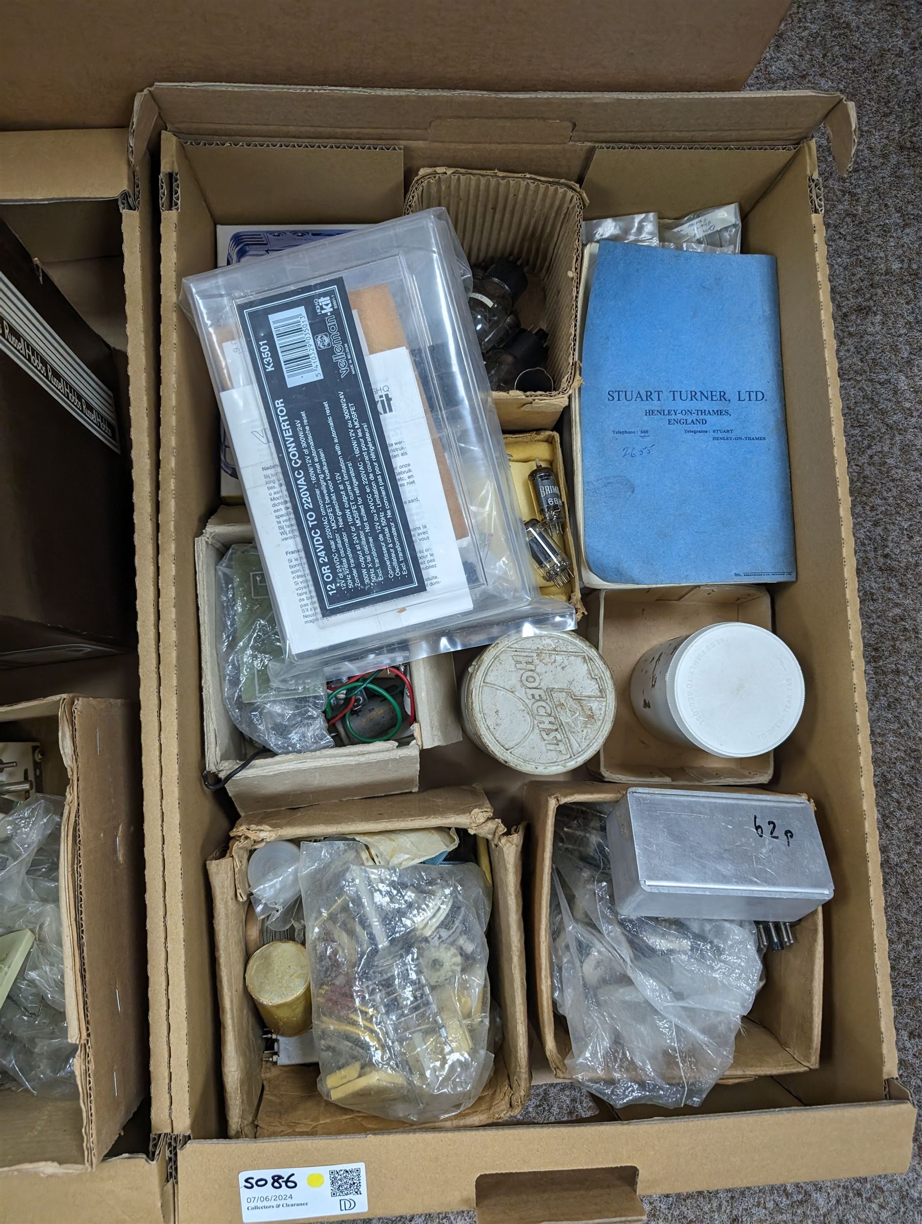 Large collection of radio parts, camera and electrical equipment and similar, together with other electrical parts, etc in five boxes 