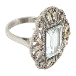 Large silver aquamarine and diamond pierced design ring, the central emerald cut aquamarine of approx 3.75 carat, with baguette and round brilliant cut diamond surround, total diamond weight approx 1.75 carat