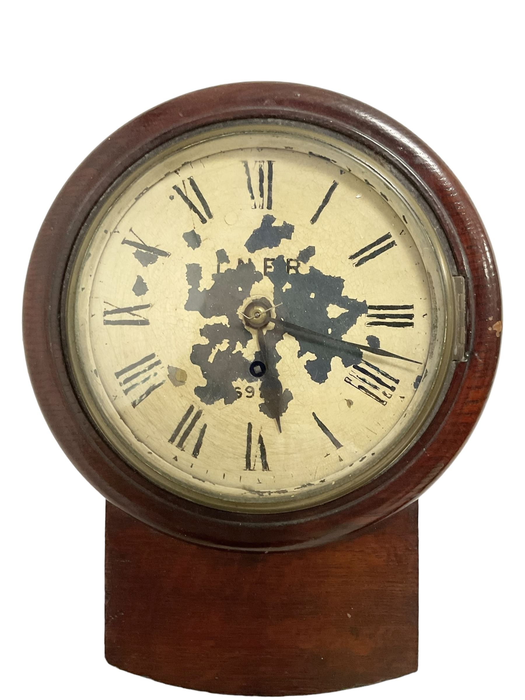 LNER - late 19th century single train 8-day fusee drop dial wall clock in a mahogany case with a side and pendulum adjustment door,  8