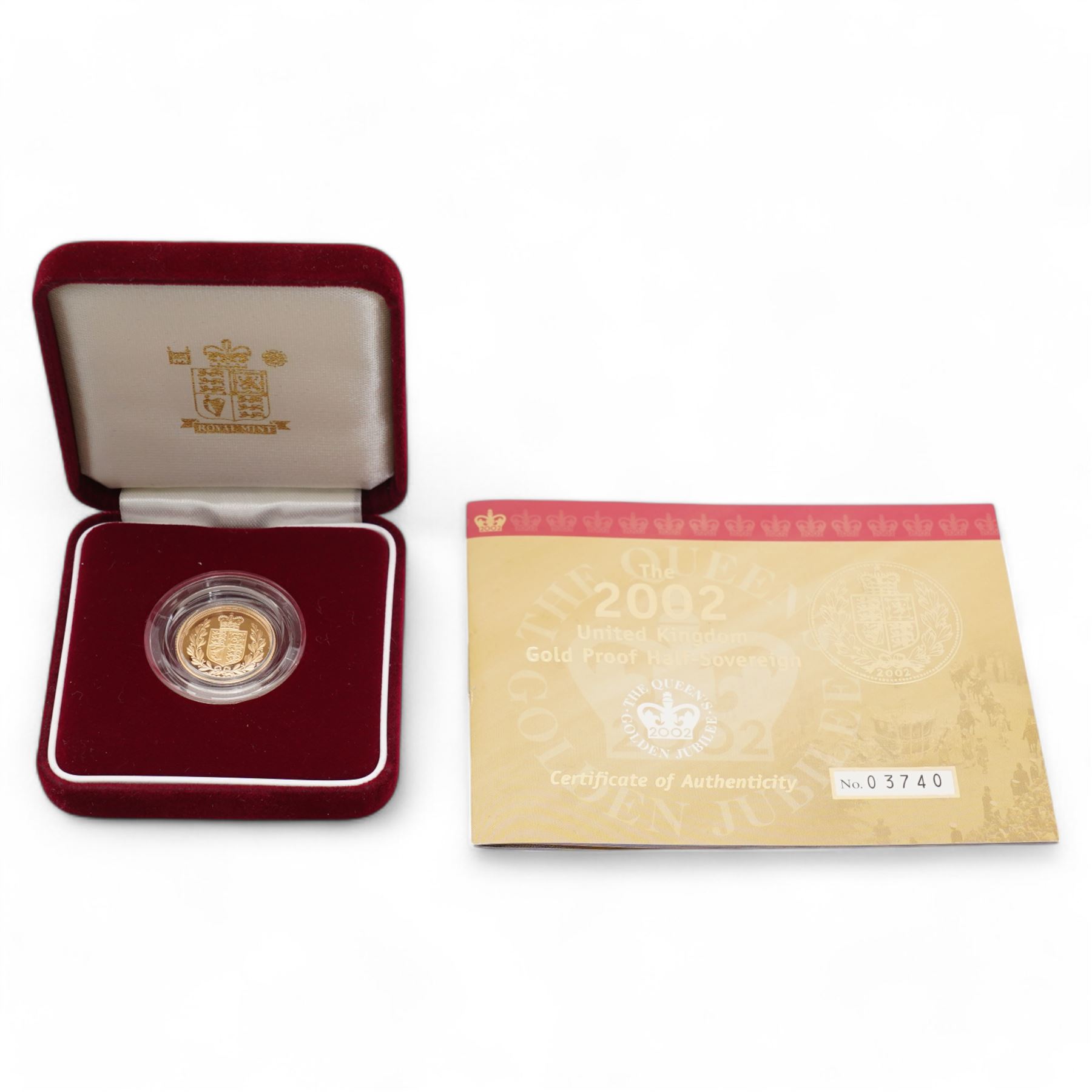 Queen Elizabeth II 2002 gold proof half sovereign coin, cased with certificate