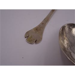 17th century silver trifid spoon, marks worn and indistinct, together with an Old English pattern silver spoon