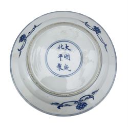 Chinese porcelain dish, Kangxi period, decorated with three shou characters divided by flowers, ribbon tied cash and swastikas, the border with flowerheads in roudels, six character Chenghua mark beneath, D16.5cm 