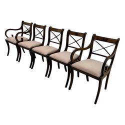 Set of ten (8+2) Regency design mahogany and brass inlaid dining chairs, bar cresting rail over x-framed back, upholstered drop-in seats, moulded frame and sabre supports 