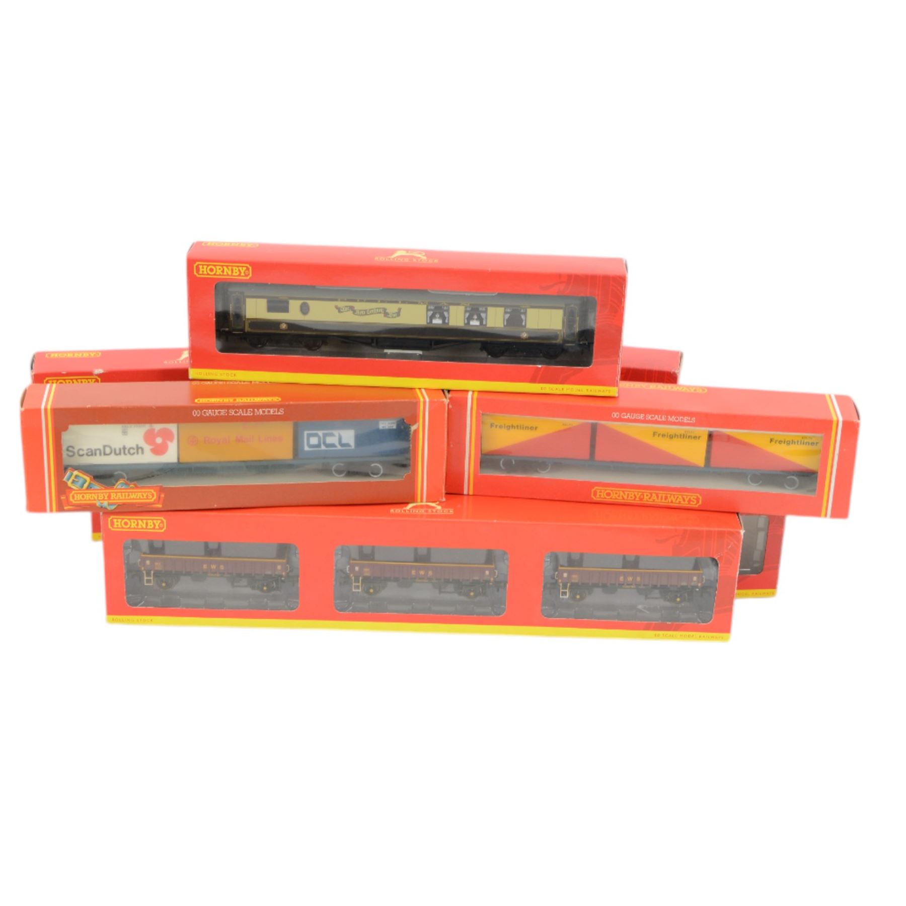 Hornby '00' rolling stock, including R4418 Pullman Bar Car 'The New Century Bar', R6225B 2 Axle Box Open Wagon Coalfish 3 Weathered, four Weathered EWS Seacow examples, etc, all boxed