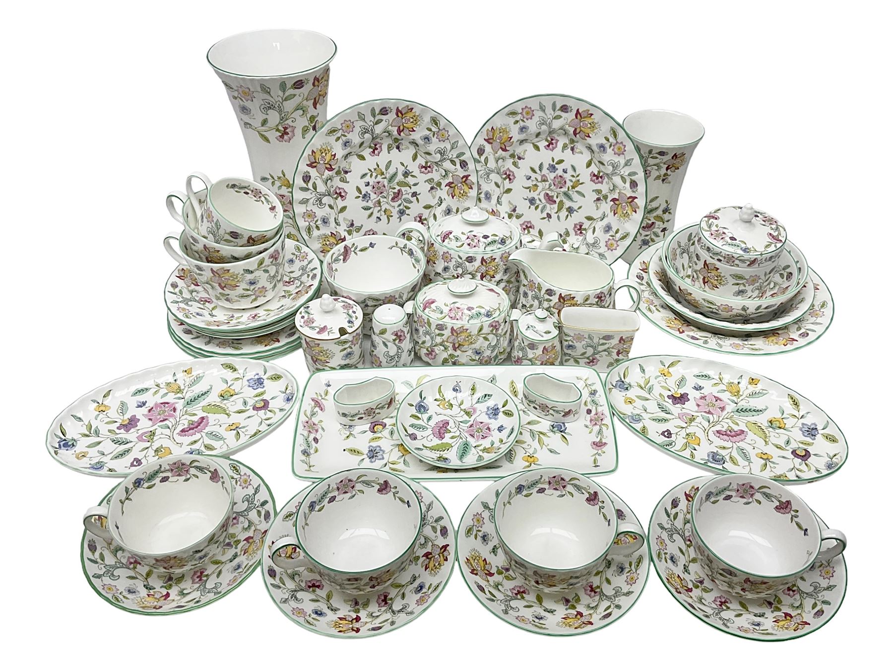 Minton Haddon Hall part tea service, including teapot, covered sucrier, milk jug, six teacups and saucers of various sizes, covered preserved jar, to vases etc (38)