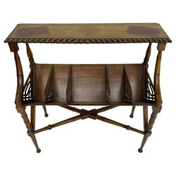 Early 20th century Chippendale design mahogany booktrough, top-tier with gadrooned edge, the trough fitted with trapezoid fretwork dividers, raised on ring turned supports united by X-stretcher 