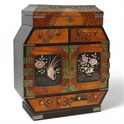 19th/ early 20th century Japanese parquetry and lacquer table cabinet, the brass mounted double doors  inlaid in mother-of-pearl, with a scene of a bird amongst branches, against a black lacquer ground, opening to an arrangement of six drawers, the top with hinged cover, and three further drawers, H36cm, D14cm, W29cm