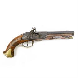 19th century flintlock pistol, the 18cm barrel with ram rod under, chequered walnut stock ...