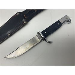 Post WWII scout knife, based on a Hitler Youth knife, in embossed leather sheath with scout emblem to handle, together with a similar example, also with scout emblem to handle, marked Whitby made in Germany, and a hunting knife with serrated edge, largest L39cm