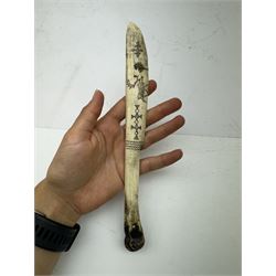 Inuit scrimshaw carved bone scraping knife, decorated with deer and tree, L25cm