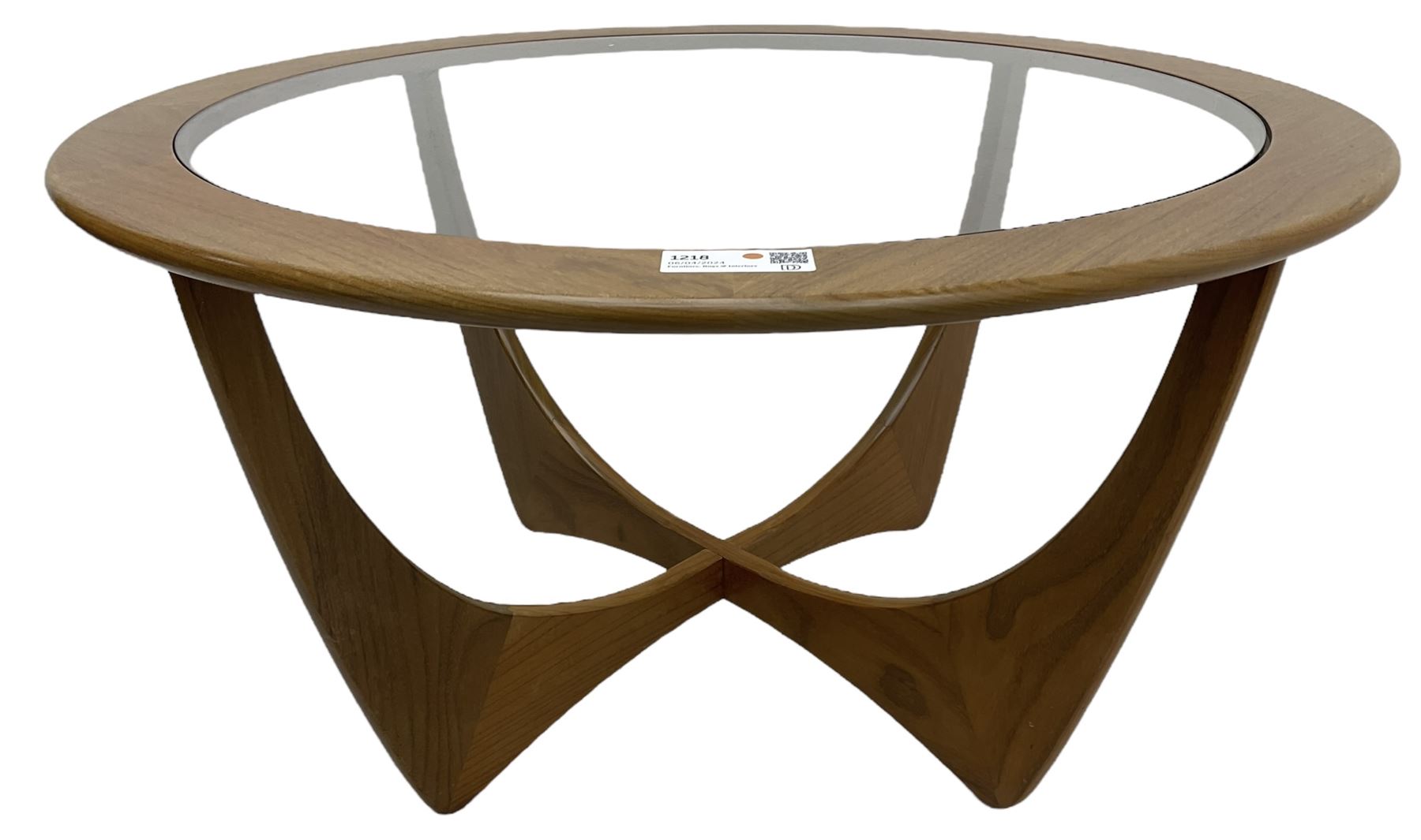 Victor B Wilkins for G-Plan - mid-20th century teak 'Astro' coffee table, circular top with glass inset, raised on shaped X-frame base