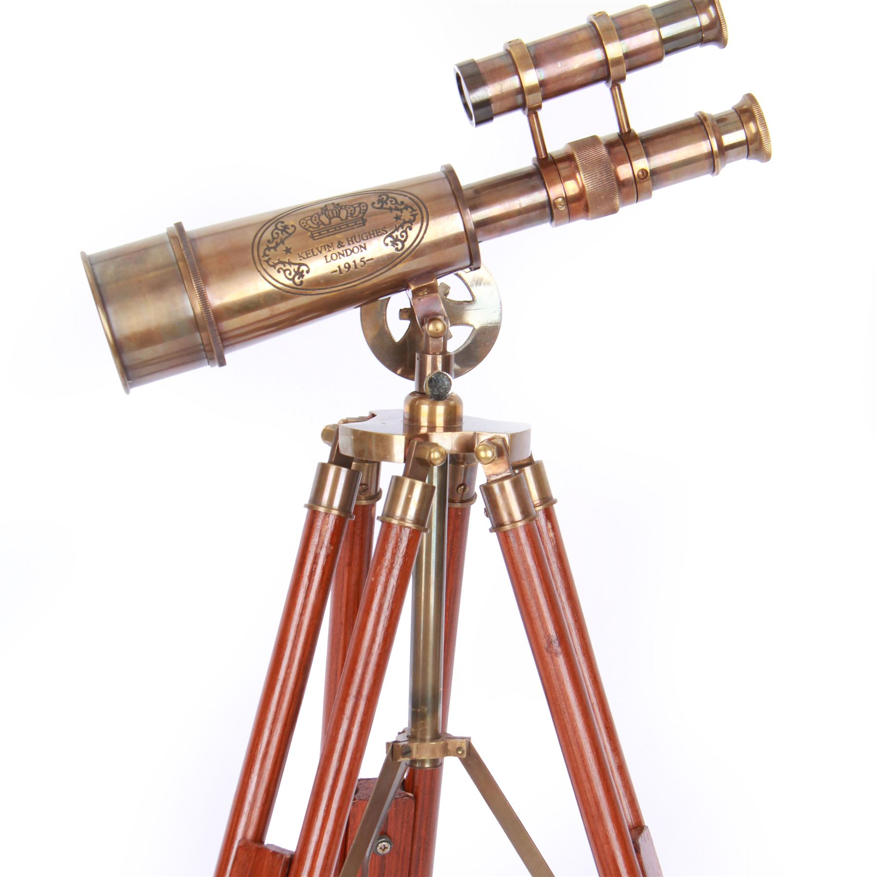 Brass telescope upon a wooden adjustable tripod, H55cm 