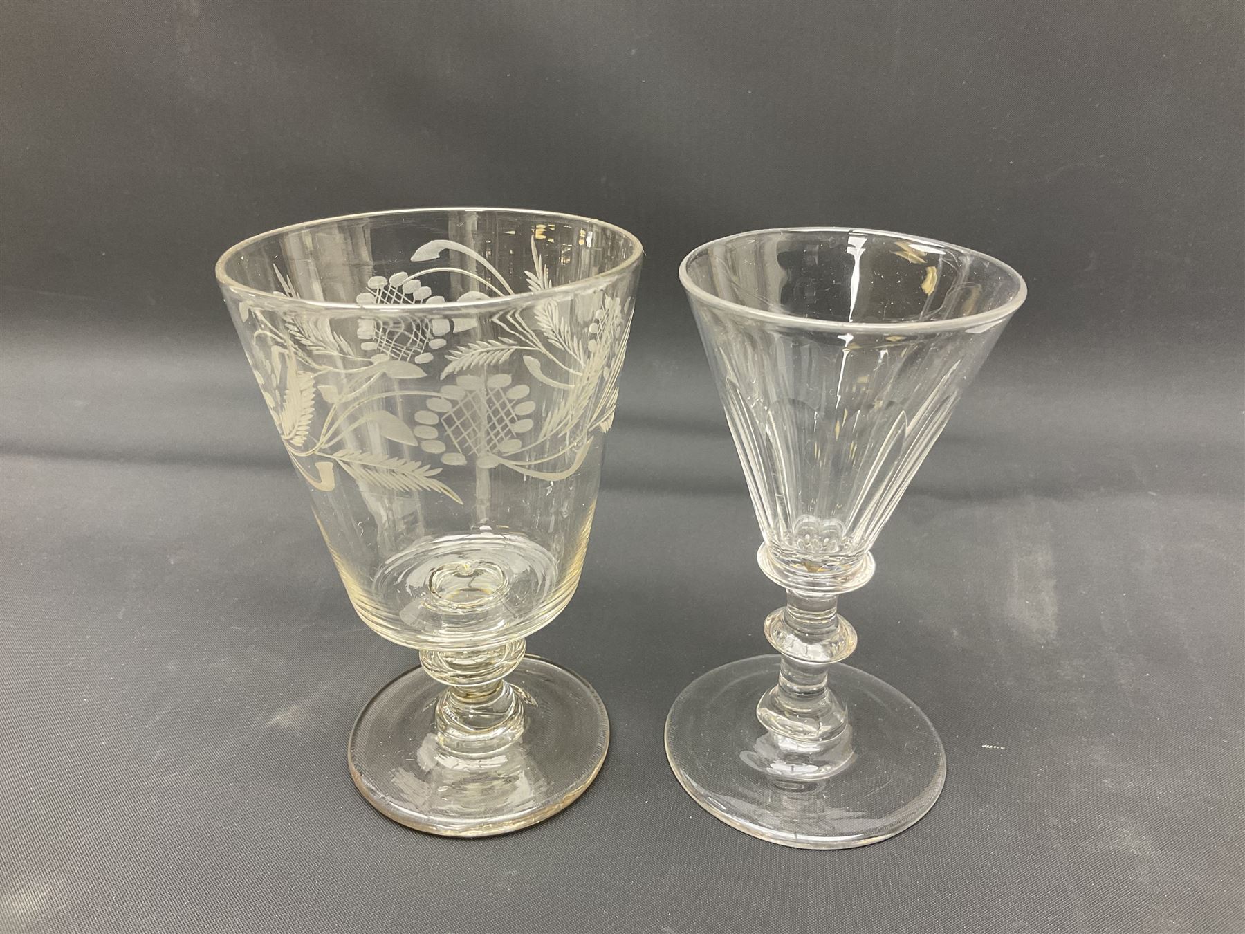 Collection of 18th century and later glassware, including set of three with twist stems and etched and fluted examples