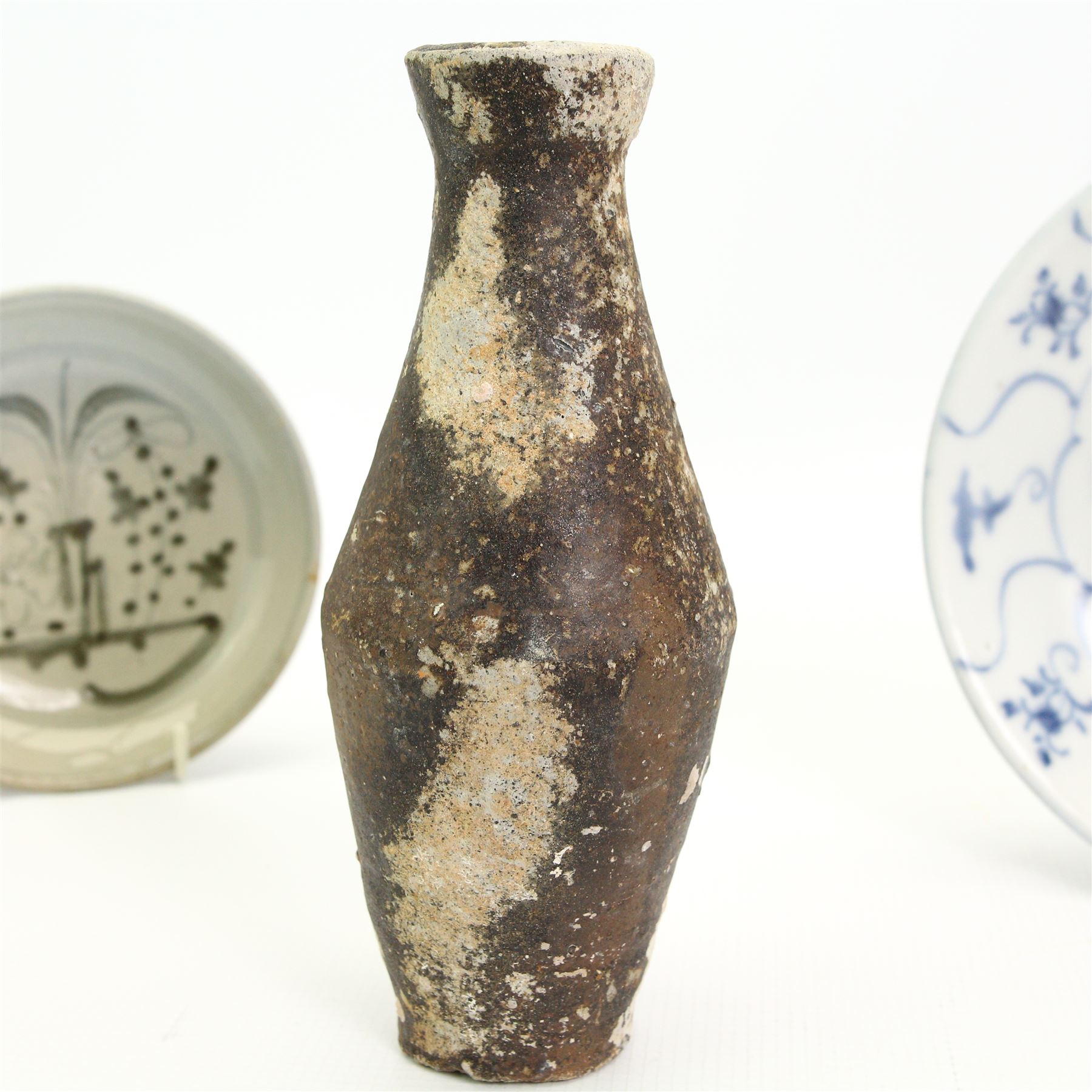 19th century Chinese glazed wine carafe and blue and white bowl, from the Tek Sing shipwreck, carafe with certificate, H1cm and Ming dish (3)