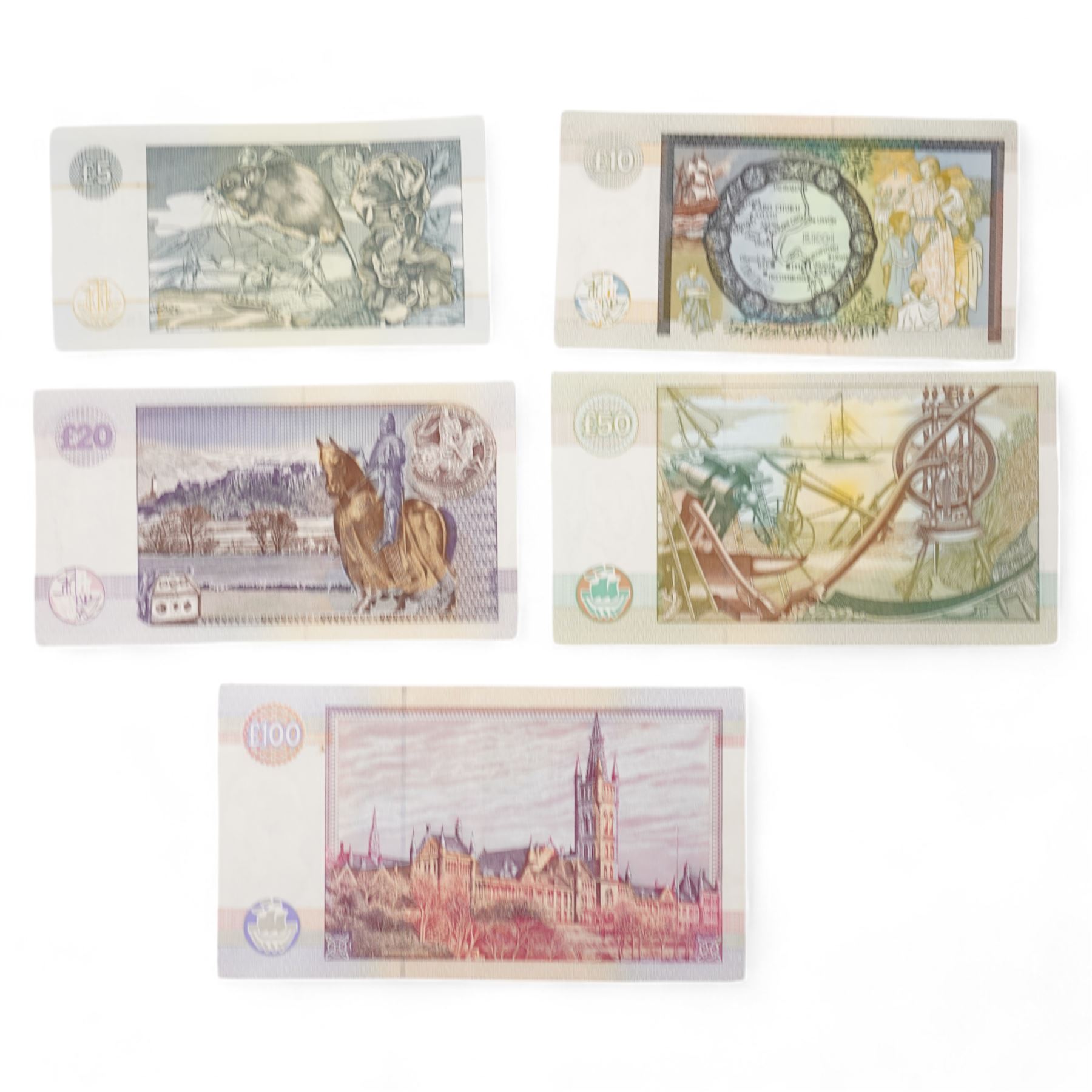 Clydesdale Bank set of five 'Genuine Collectors Sterling Banknotes' comprising one-hundred pounds 'A/AQ 2nd October 1996', fifty pounds 'A/CC 9th January 2006', twenty pounds 'A/EJ 24th June 2006', ten pounds 'A/EH 16th April 2007' and five pounds 'E/EC 19th June 2002', housed in a card folder