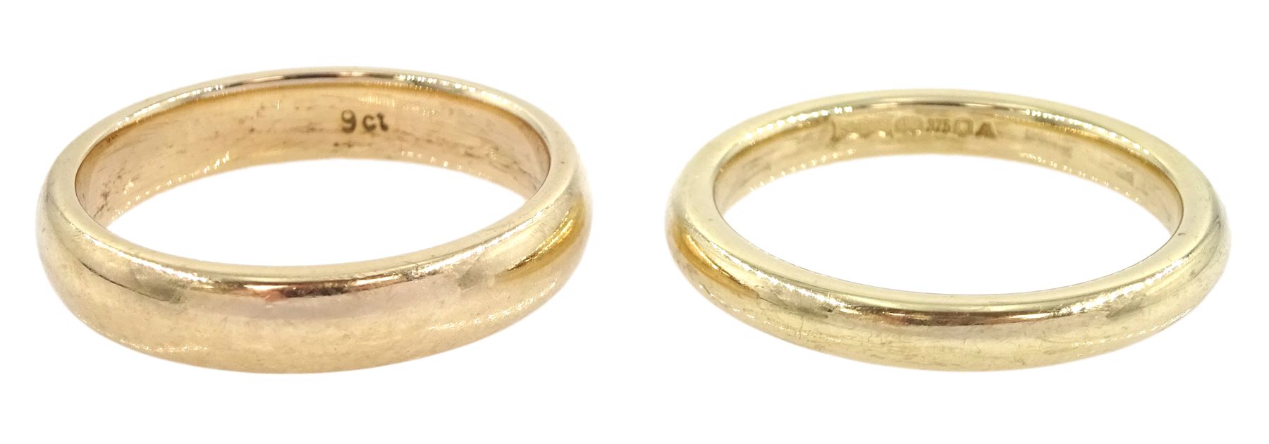 Two 9ct gold wedding bands, one hallmarked