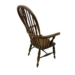 19th century elm and ash Windsor armchair, double hoop and stick back with shaped and pierced splat, on turned supports united by swell-turned H-stretchers (W60cm, H108cm); 19th century elm and yew wood Windsor chair (W57cm) (2)