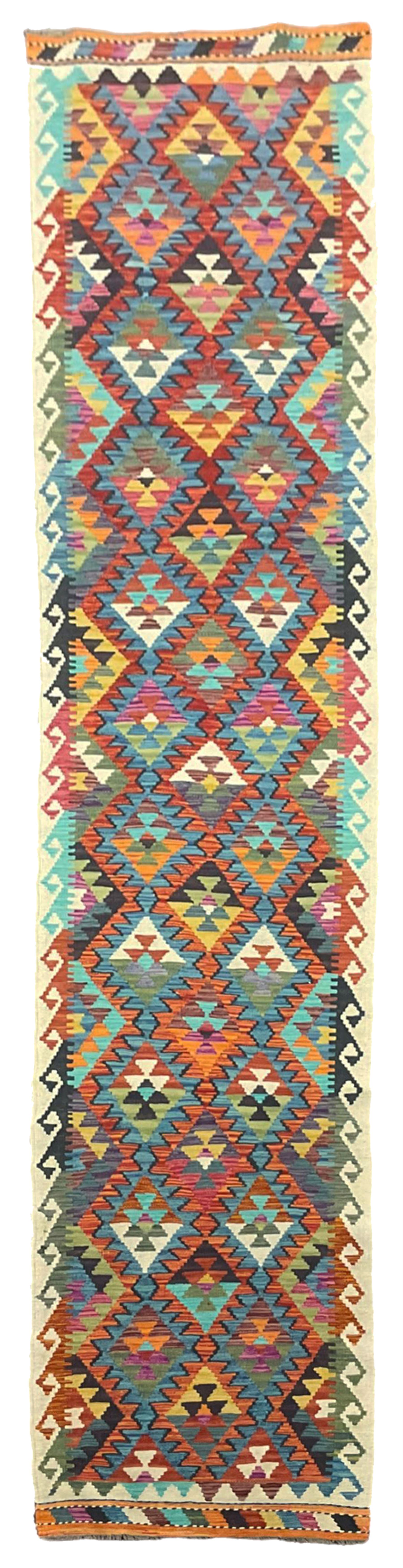 Anatolian Turkish kilim runner, multi-coloured geometric design 